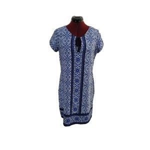 LANDS' END Delft Blue Shift Dress Knee Length Short Sleeves  XS 2-4 Classic